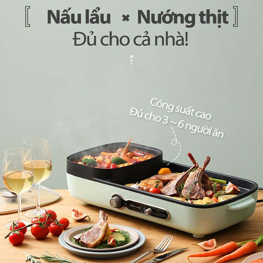 Bếp lẩu nướng 2 ngăn Bear, Nồi lẩu nướng 2 in 1, dung tích 3L 1600W – Hàng chính hãng bảo hành 6-18 tháng