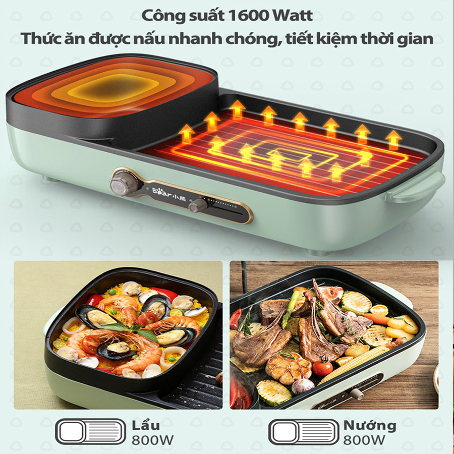 Bếp lẩu nướng 2 ngăn Bear, Nồi lẩu nướng 2 in 1, dung tích 3L 1600W – Hàng chính hãng bảo hành 6-18 tháng