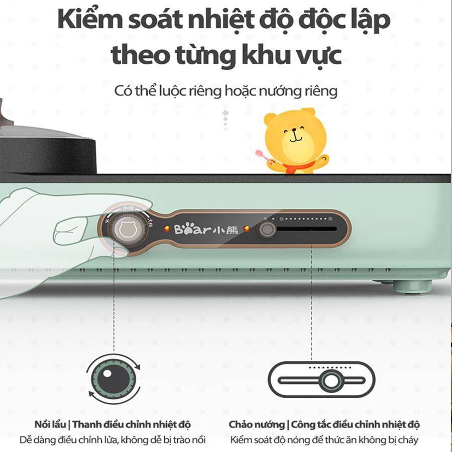 Bếp lẩu nướng 2 ngăn Bear, Nồi lẩu nướng 2 in 1, dung tích 3L 1600W – Hàng chính hãng bảo hành 6-18 tháng