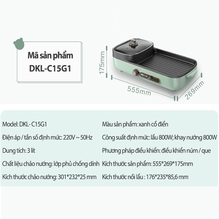 Bếp lẩu nướng 2 ngăn Bear, Nồi lẩu nướng 2 in 1, dung tích 3L 1600W – Hàng chính hãng bảo hành 6-18 tháng