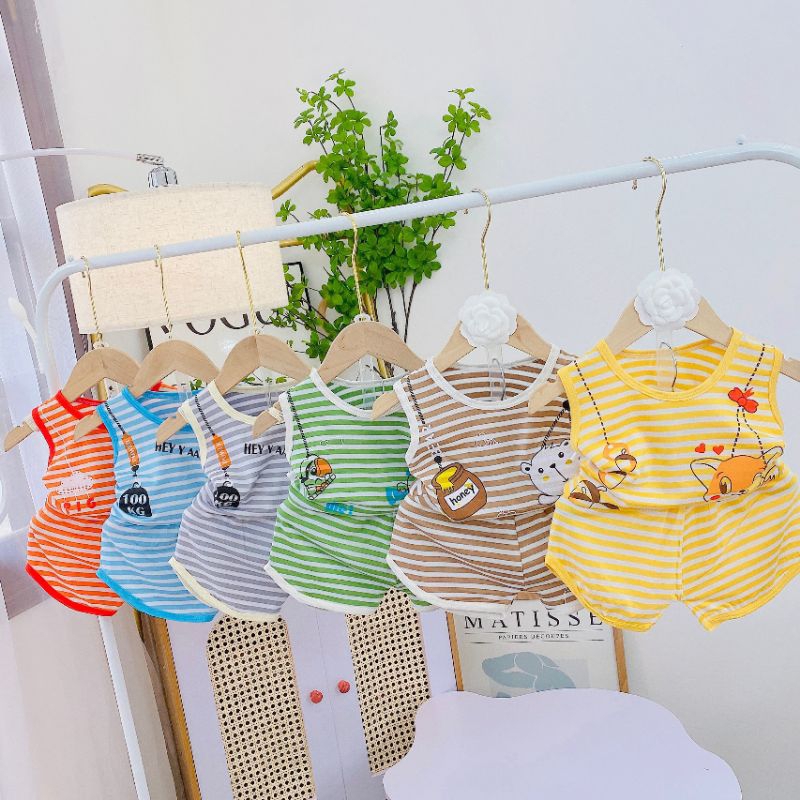 Bộ thun lạnh ba lỗ sọc ngang in hình, quần vát sọc ngang cho bé trai, bé gái