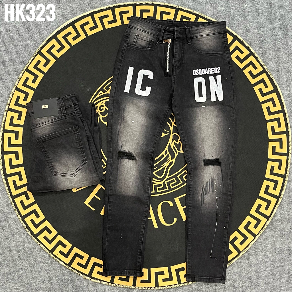 Quần jeans dài nam cao cấp chất denim màu đen dày dặn in chữ kèm phụ kiện khóa phá cách YUKI OUTFIT 323 | BigBuy360 - bigbuy360.vn