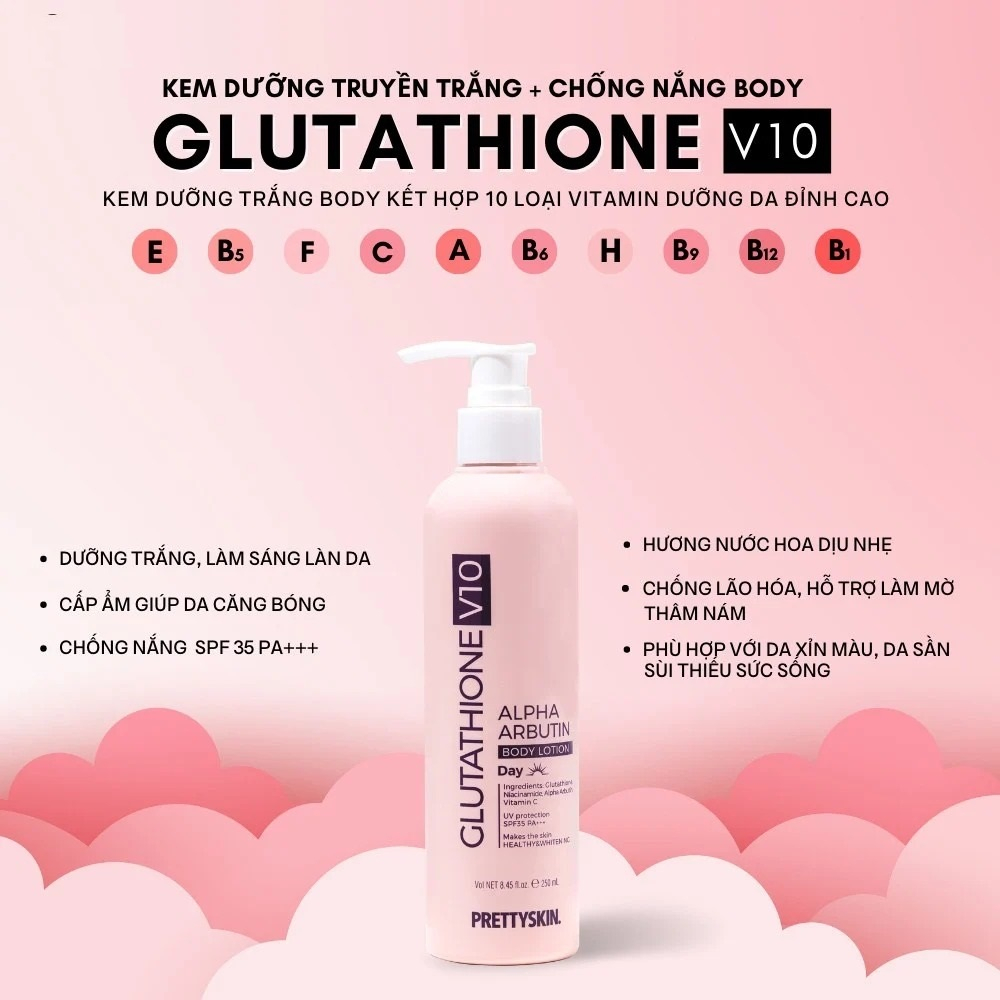 Kem Dưỡng Thể Prettyskin Glutathione V10 Alpha Arbutin Body Lotion Day SPF 35 PA+++ 250ml