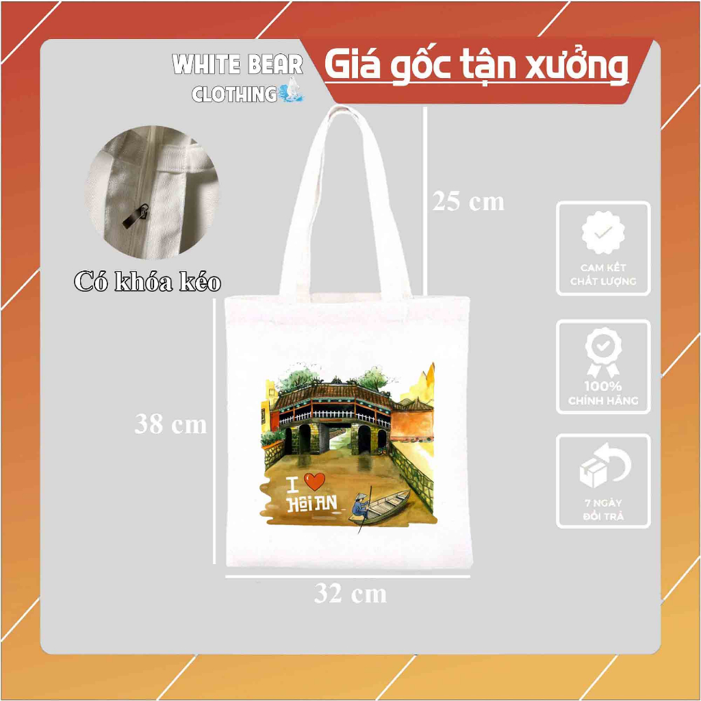 Túi vải White Bear in hình Hội An có khóa kéo
