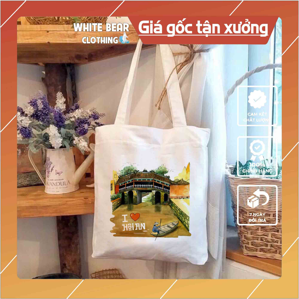 Túi vải White Bear in hình Hội An có khóa kéo