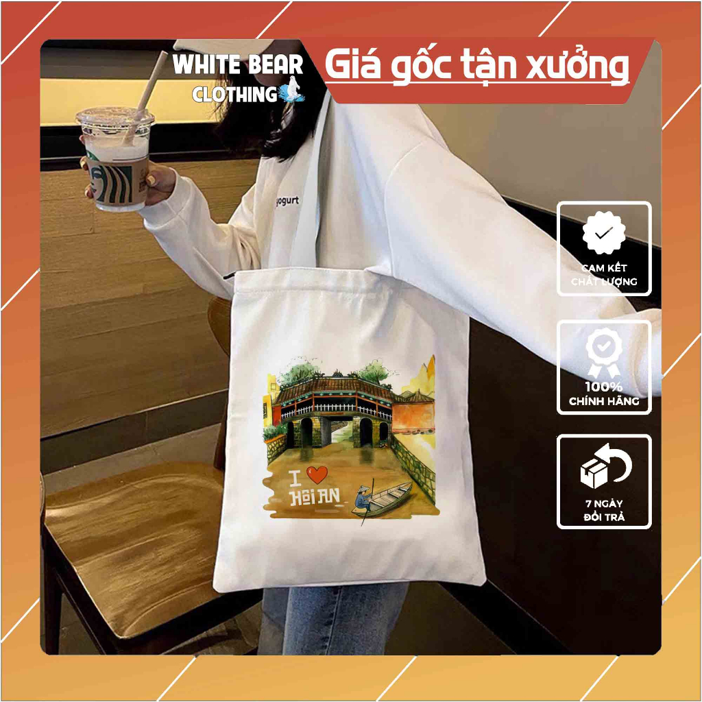 Túi vải White Bear in hình Hội An có khóa kéo