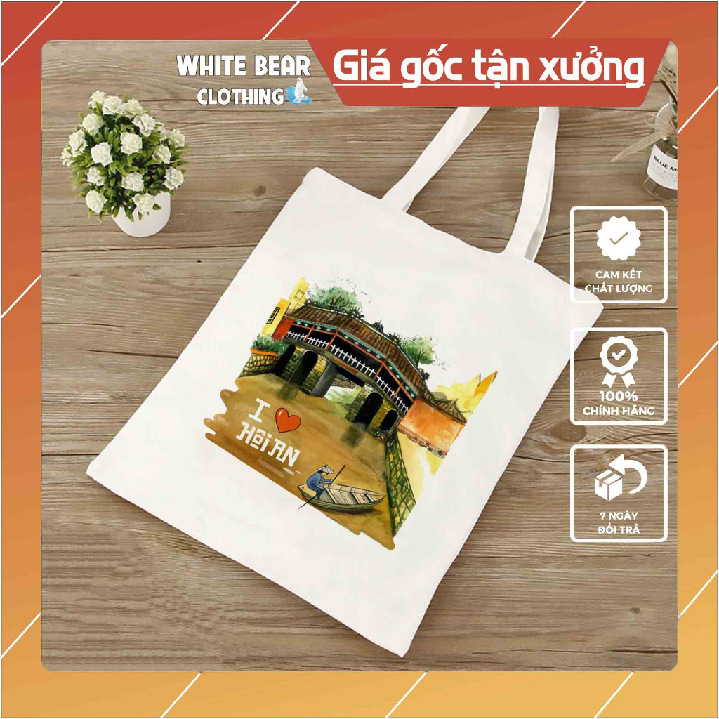 Túi vải White Bear in hình Hội An có khóa kéo