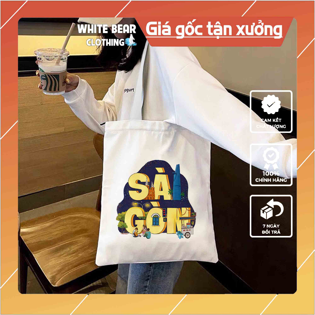 Túi vải canvas du lịch Sài Gòn WHITE BEAR CLOTHING size 32x38cm