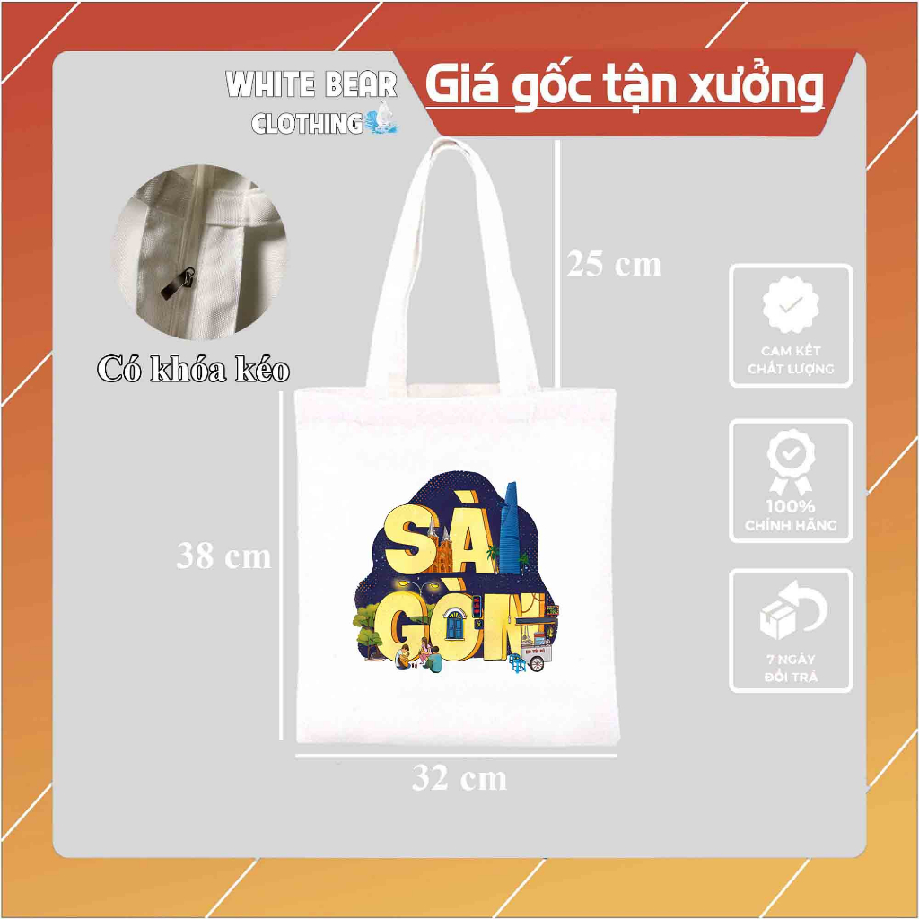 Túi vải canvas du lịch Sài Gòn WHITE BEAR CLOTHING size 32x38cm