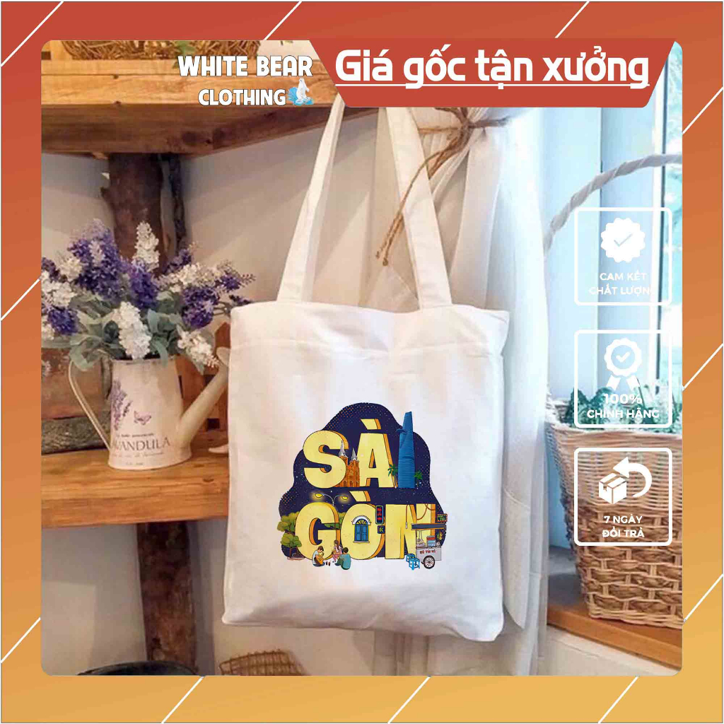 Túi vải canvas du lịch Sài Gòn WHITE BEAR CLOTHING size 32x38cm