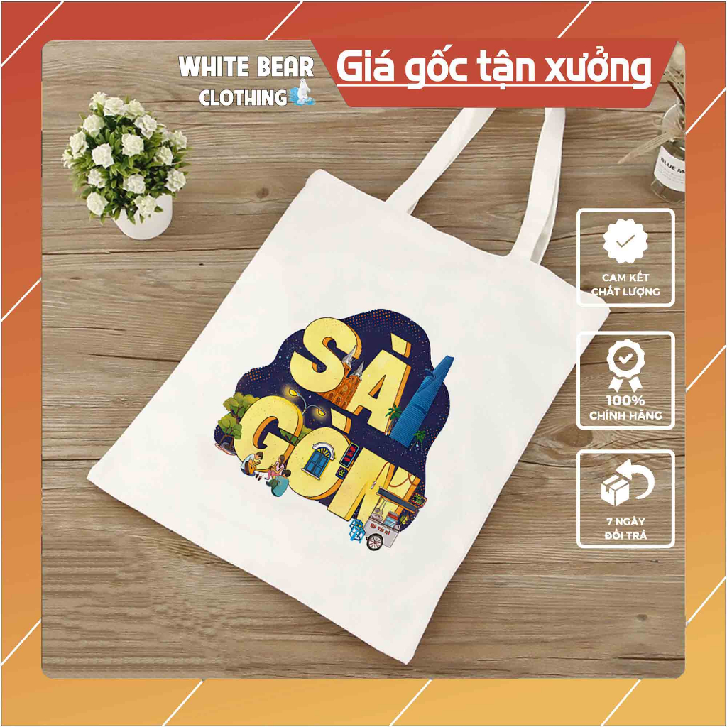 Túi vải canvas du lịch Sài Gòn WHITE BEAR CLOTHING size 32x38cm