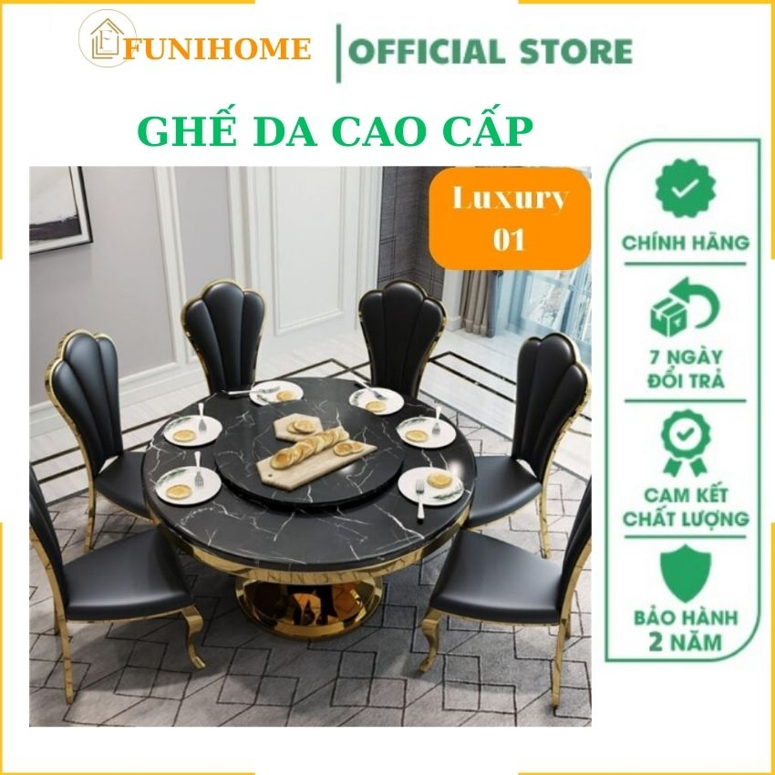 Bộ Bàn Ăn Luxury Mặt Đá Ceramic Chân Inox Mạ PVD Vàng, Ghế Da PU Vân Cá Sấu