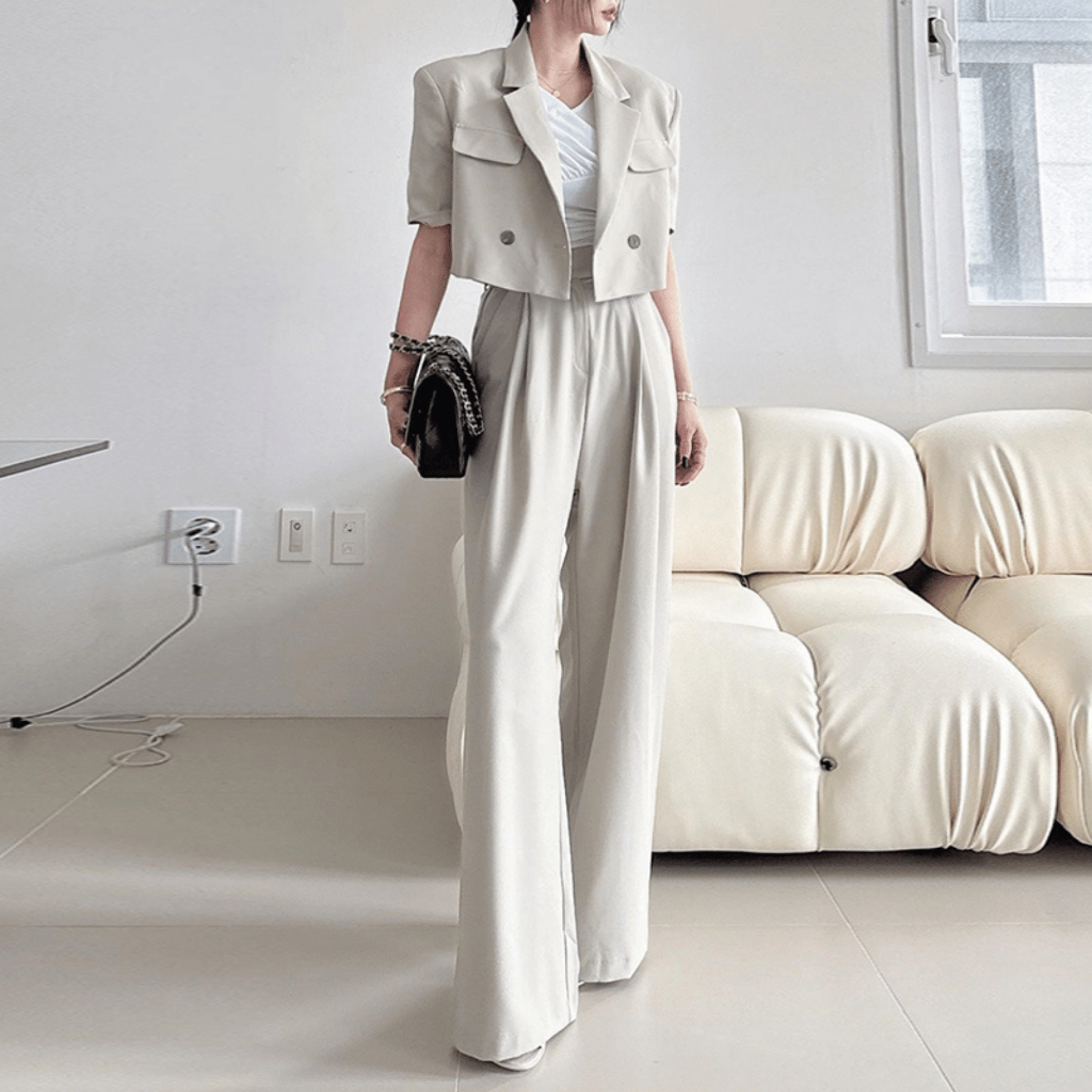 b6|set bộ vest nữ áo blazer croptop dáng ngắn, quần tây ống rộng công sở gd_order