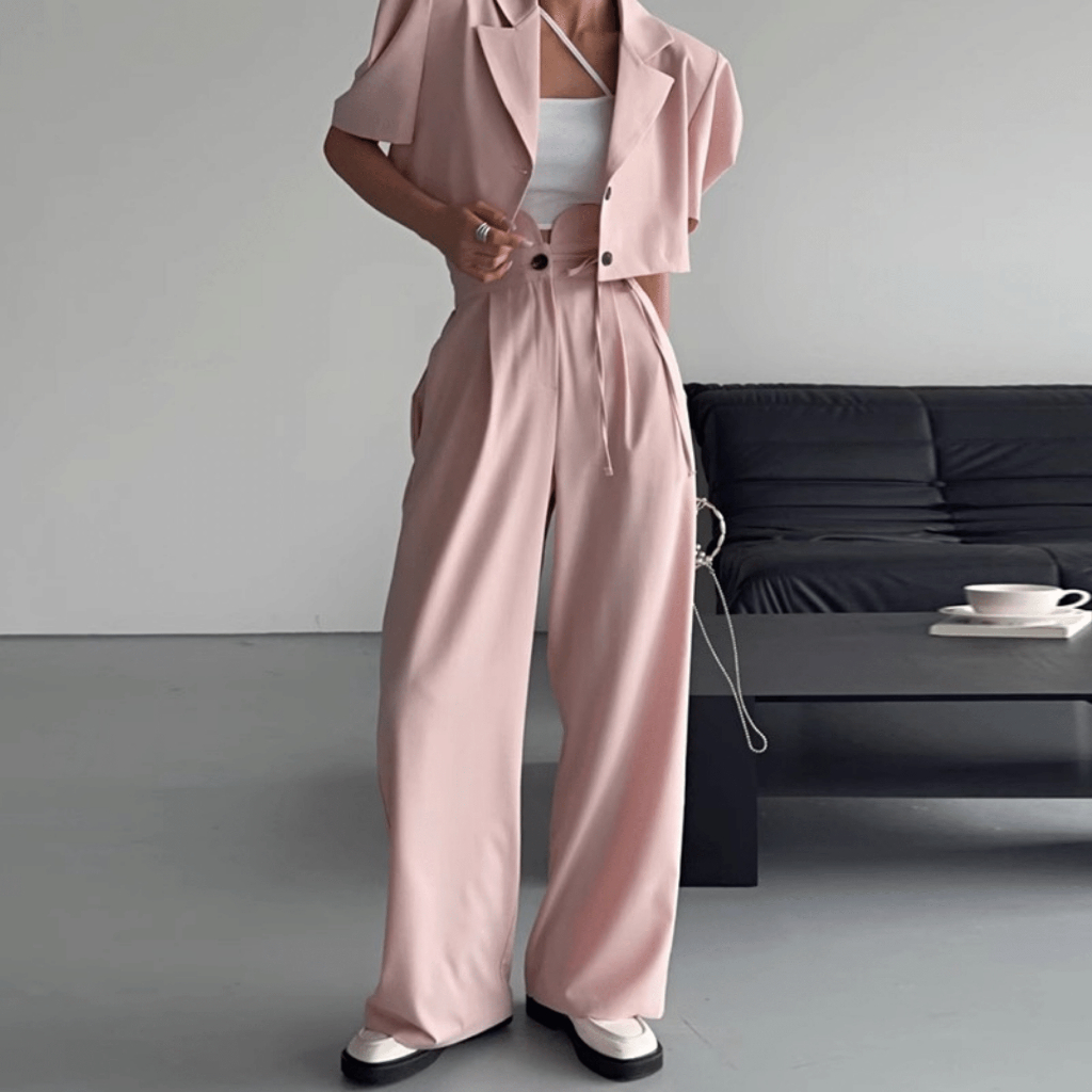 b7|set bộ vest nữ áo blazer croptop dáng ngắn, quần tây ống rộng công sở gd_order