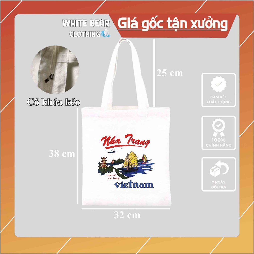 Túi vải đeo vai White Bear Clothing màu trắng du lịch Nha Trang 32x38cm