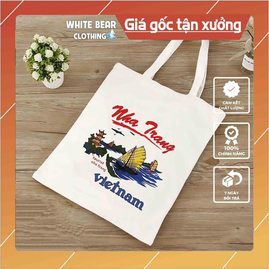 Túi vải đeo vai White Bear Clothing màu trắng du lịch Nha Trang 32x38cm