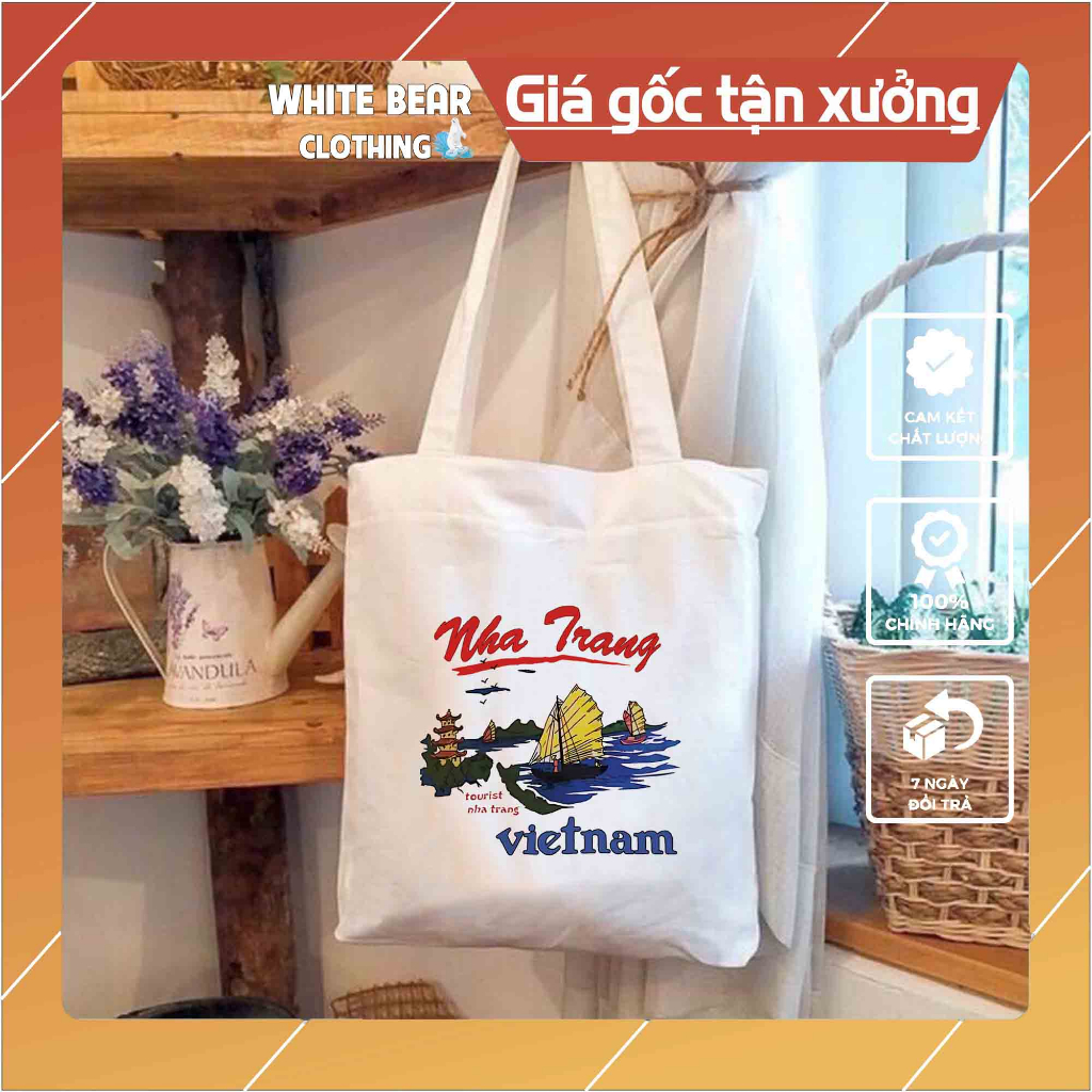 Túi vải đeo vai White Bear Clothing màu trắng du lịch Nha Trang 32x38cm