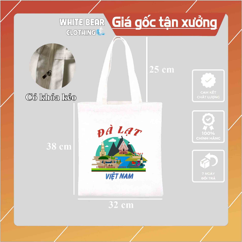 Túi vải đeo vai White Bear Clothing in Đà Lạt kích thước 32x38 cm