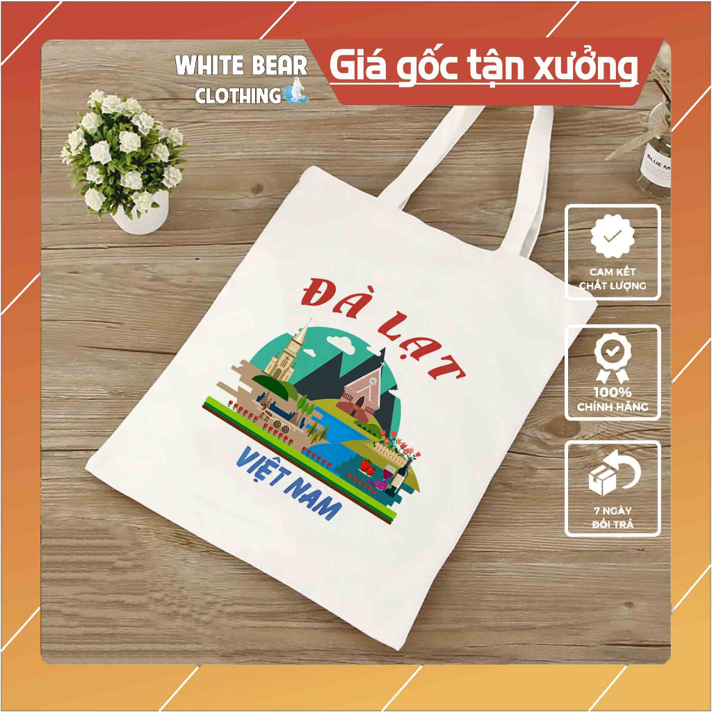 Túi vải đeo vai White Bear Clothing in Đà Lạt kích thước 32x38 cm
