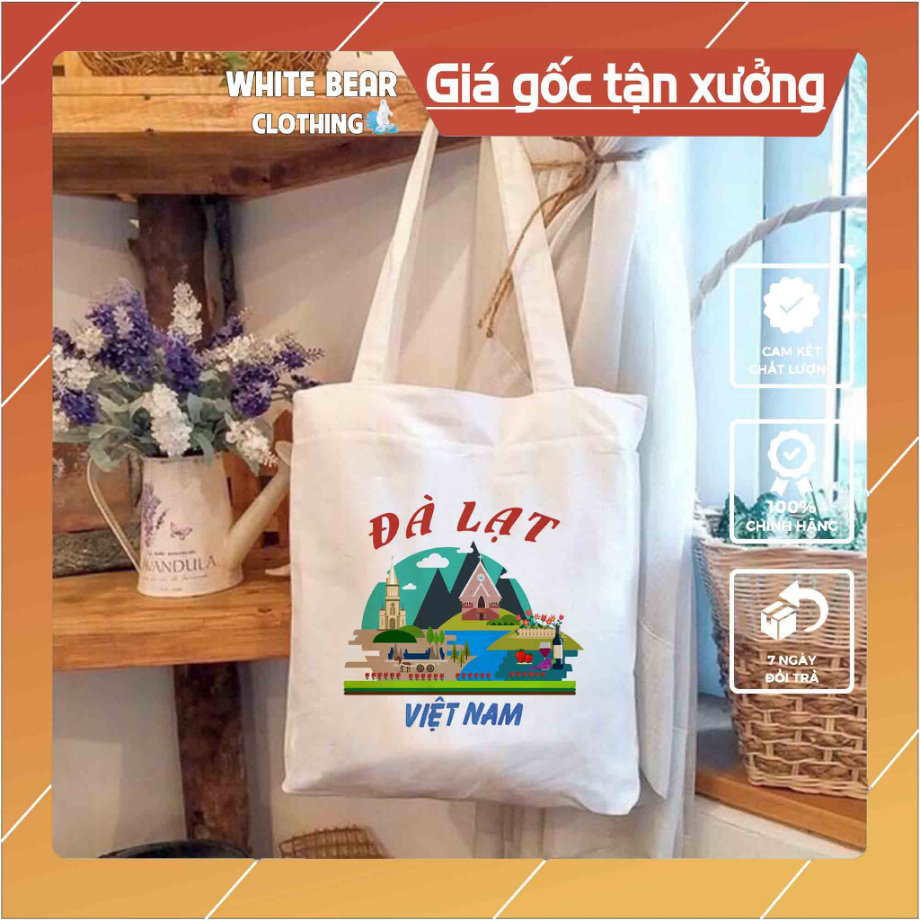 Túi vải đeo vai White Bear Clothing in Đà Lạt kích thước 32x38 cm