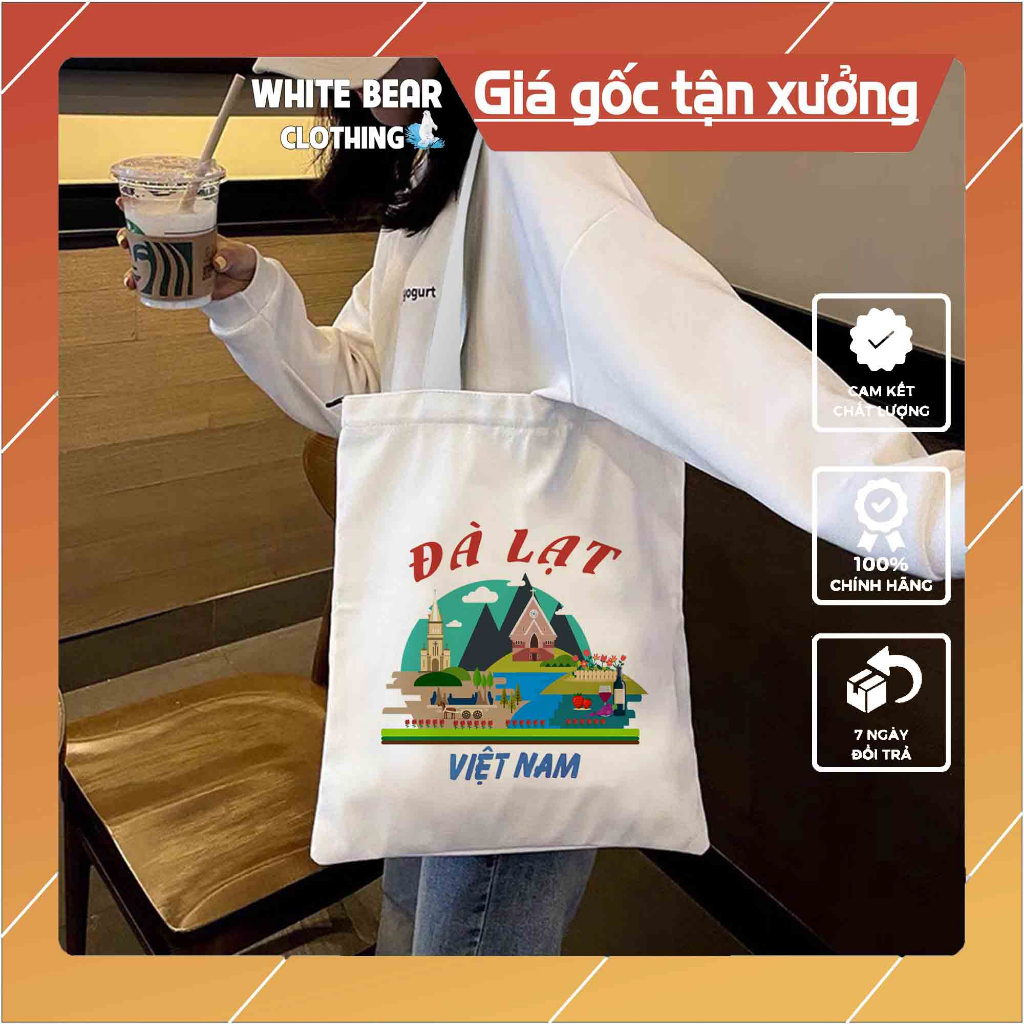Túi vải đeo vai White Bear Clothing in Đà Lạt kích thước 32x38 cm