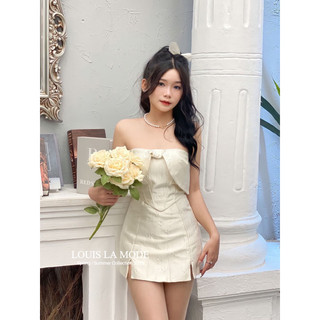 Set áo gấm nơ cúp ngực kèm chân váy xẻ tà giống xoài non