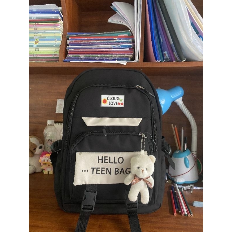 Balo vải túi hộp Hello Teen Bag có móc Gấu Bông thời trang