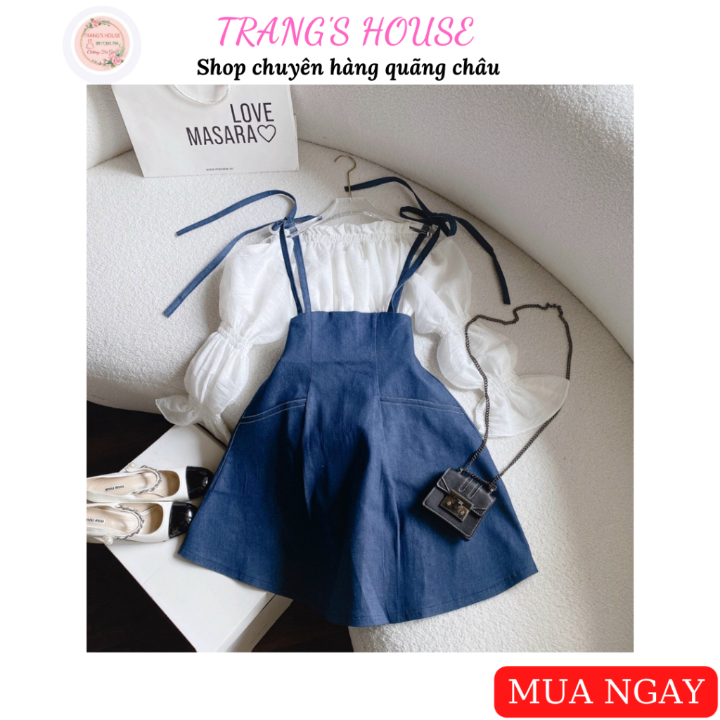 Set áo trễ vai tay phồng kèm yếm jean dáng chữ xòe DỄ THƯƠNG - Shop Trang Quảng Châu