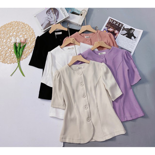 Áo peplum cúc bọc cổ tròn phong cách công sở