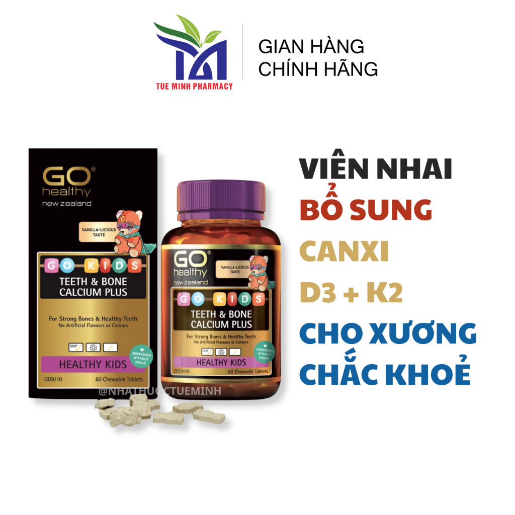 Viên Nhai Bổ Sung Canxi, Vitamin D3 K2 Cho Bé GO Kids Teeth & Bone Calcium Plus Tăng Chiều Cao Cho Trẻ
