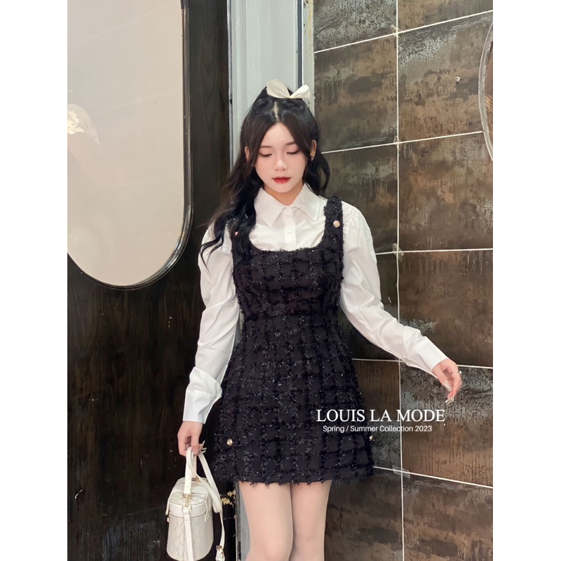 Set Yếm Phối Nhũ Lông Tiểu Thư Kèm Sơ Mi Tay Bồng Ba Màu