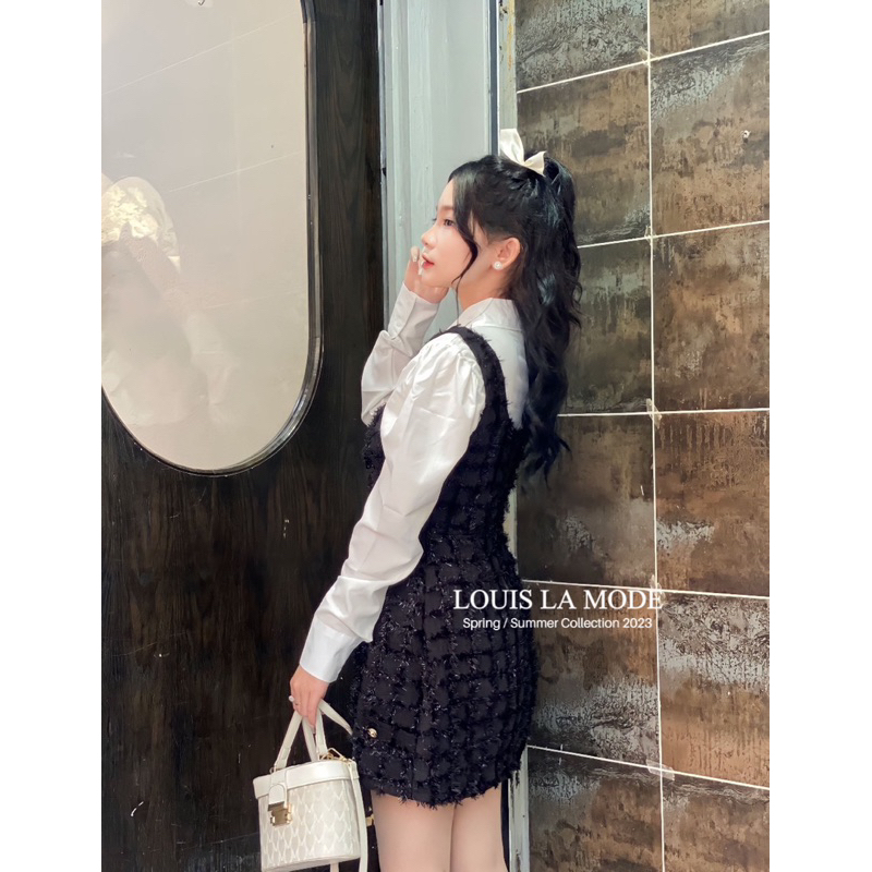 Set Yếm Phối Nhũ Lông Tiểu Thư Kèm Sơ Mi Tay Bồng Ba Màu