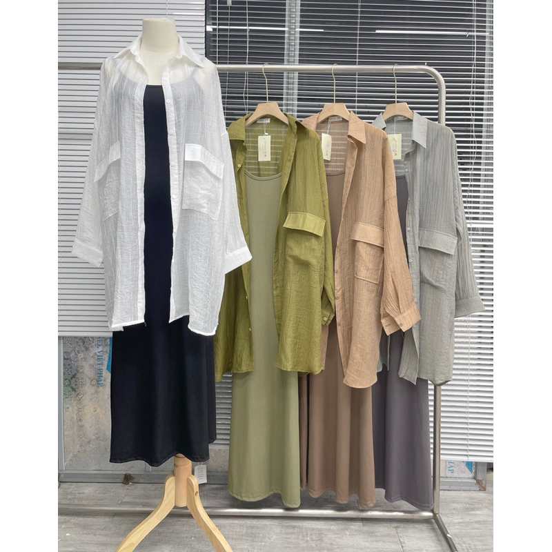 Set váy hai dây thun ôm kèm áo sơ mi nhăn oversize TSW (ảnh thật)