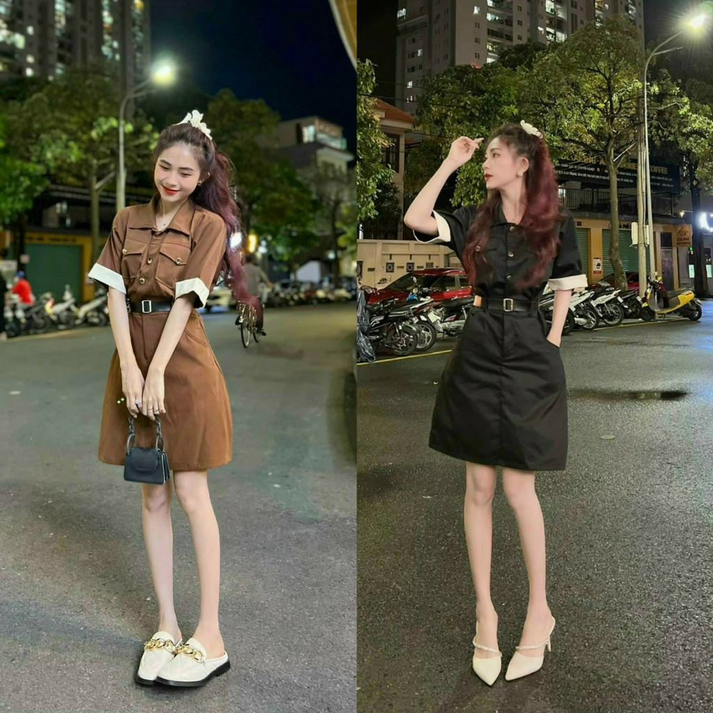 Đầm váy nữ dáng ngắn có dai và nịt, cổ áo sơ mi sang chảnh cho nàng diện đi chơi, đi dạo phố