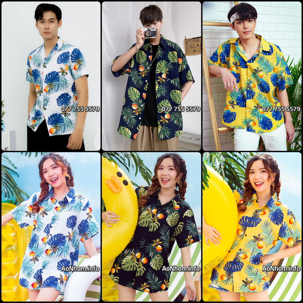 Áo Sơ Mi Hawaii Đi Biển Mềm Mát - Đào Đen Vàng Trắng - Áo Đôi Đồng Phục Nhóm Lớp Team Building Hoạ Tiết Hoa Lá Trái Cây