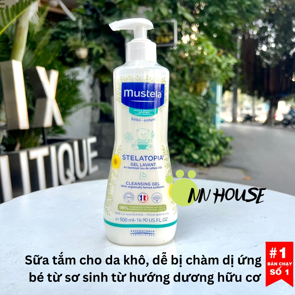 Sữa tắm Mustela Stelatopia 500ml cho bé da khô, chàm sữa, da cơ địa, eczema, dưỡng ẩm làm dịu da baby shower gel hữu cơ