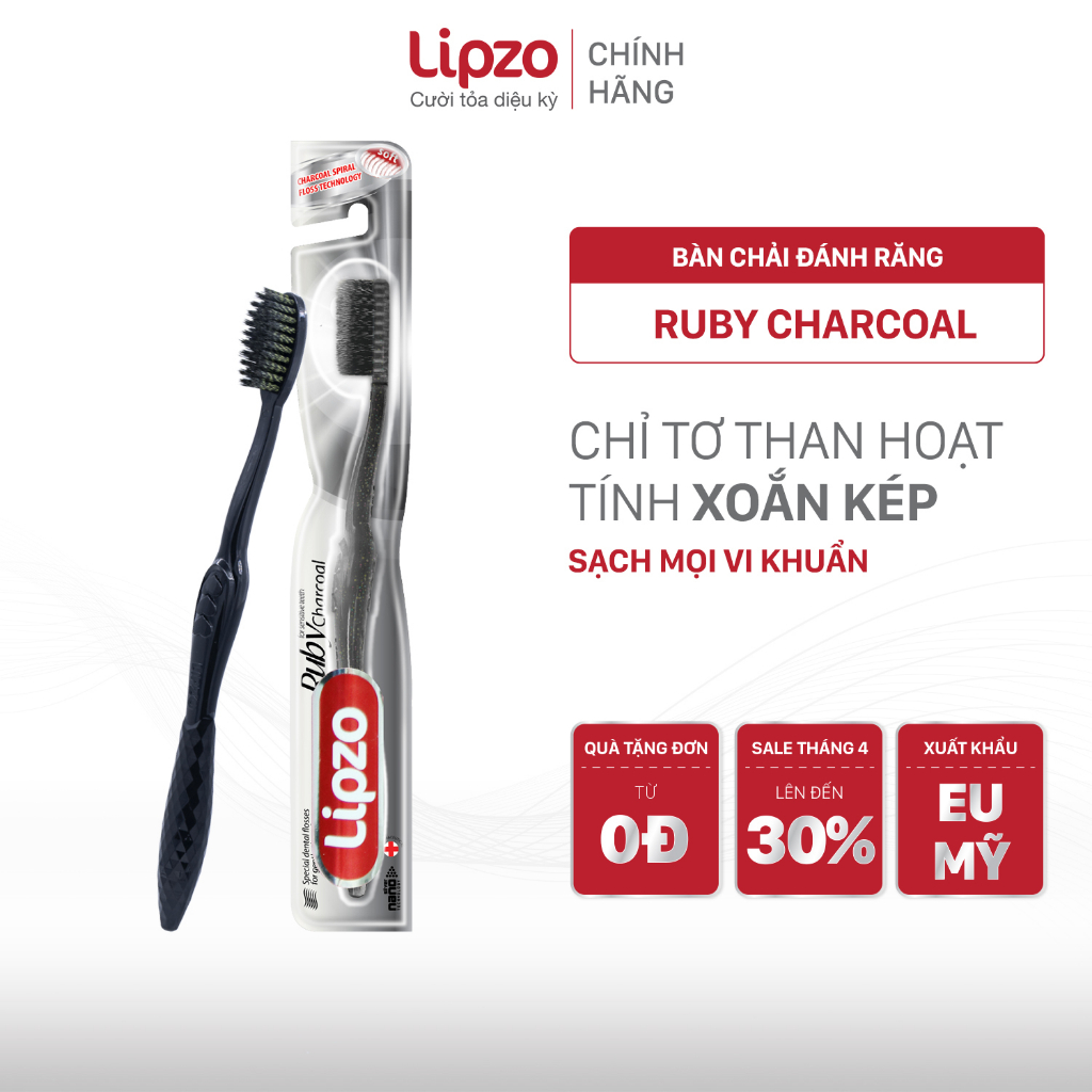 Bàn Chải Đánh Răng Lipzo Ruby Charcoal Dành Cho Nhạy Cảm Công Nghệ Chỉ Tơ Than Hoạt Tính Kháng Khuẩn Siêu Nhỏ Mềm Mảnh