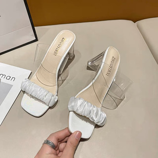 Guốc cao gót 2 quai bèo nhún trắng gót trụ 7cm hàng cao cấp