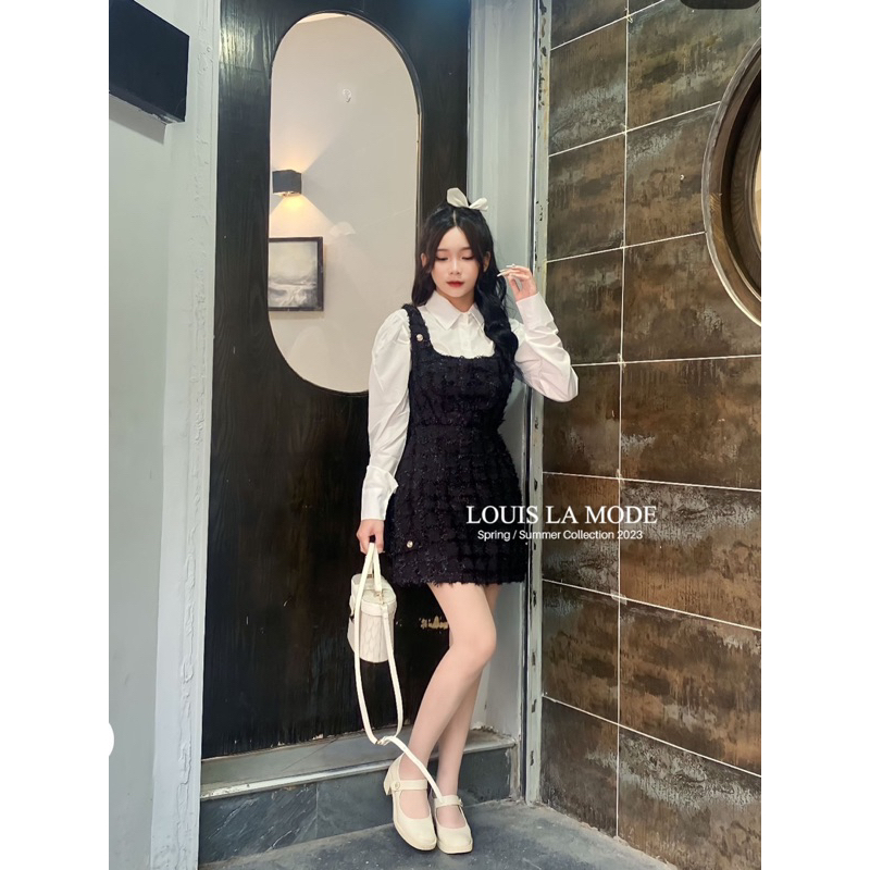 Set Yếm Phối Nhũ Lông Tiểu Thư Kèm Sơ Mi Tay Bồng Ba Màu