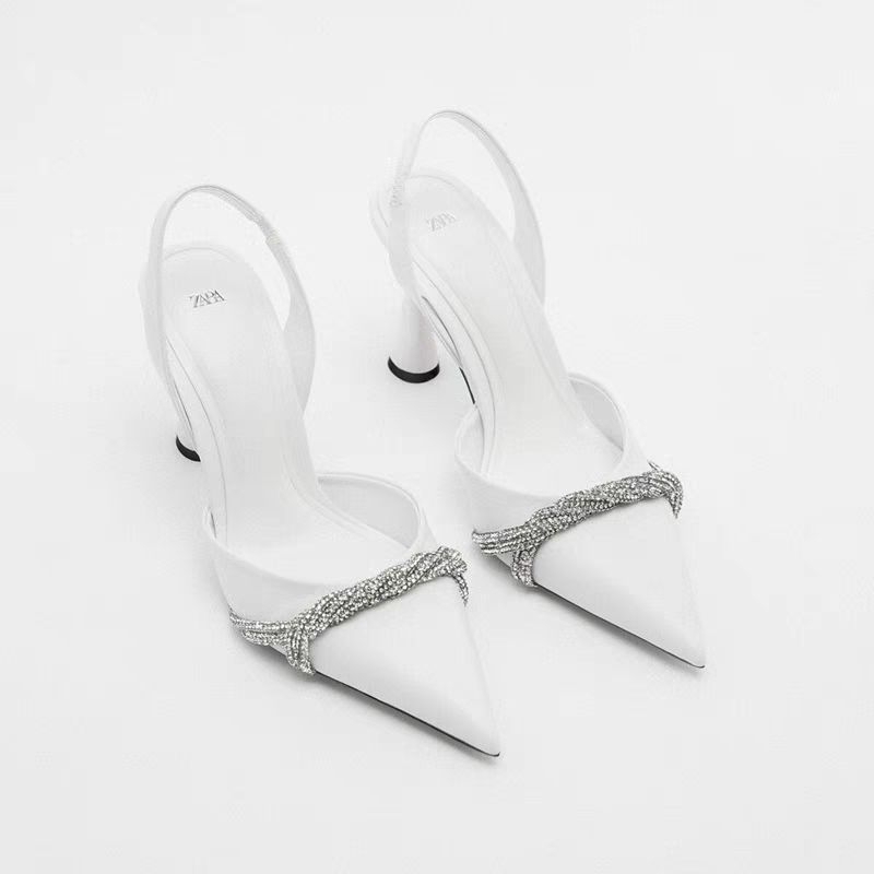 Giày Cao Gót Trắng Za.Ra cao 9cm Mũi Nhọn đính Đá sáng lấp lánh (Lùi 1 size)