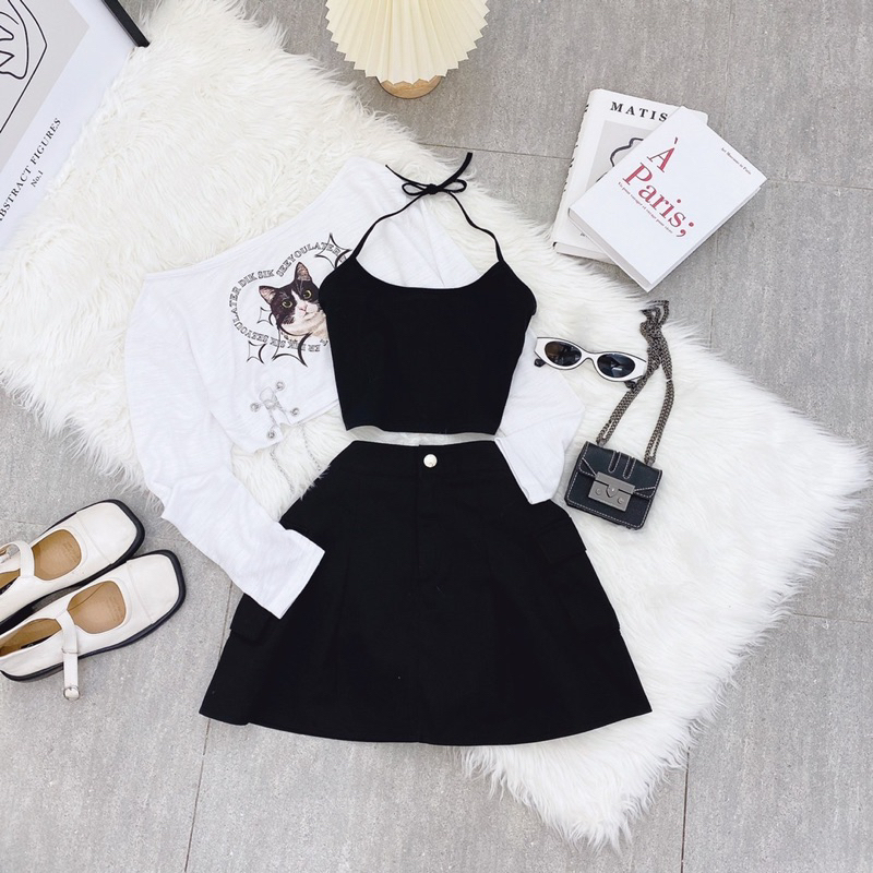 Bộ áo mèo + chân váy túi hộp
