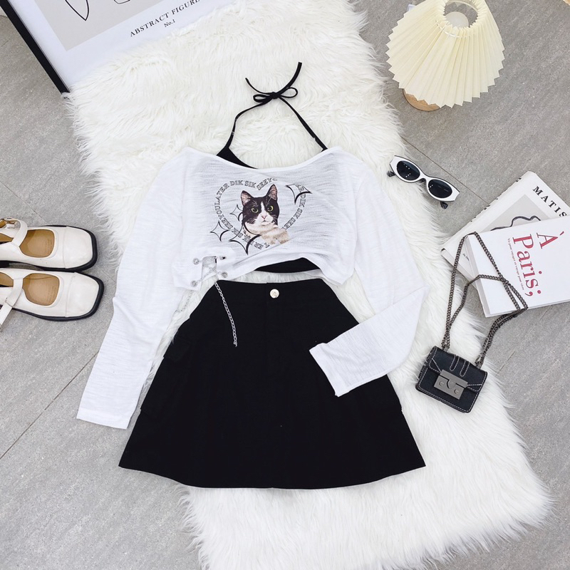 Bộ áo mèo + chân váy túi hộp