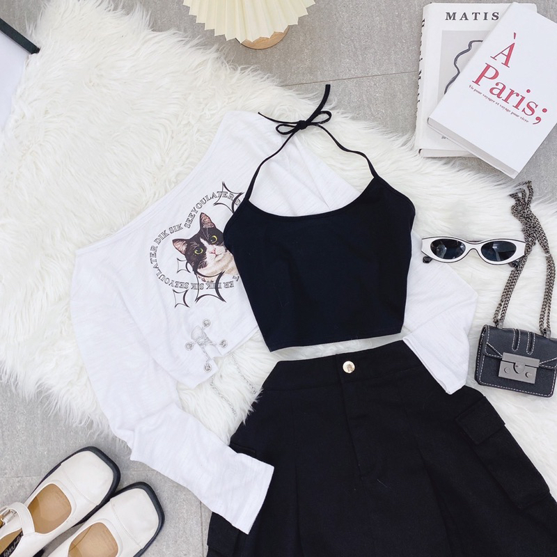 Bộ áo mèo + chân váy túi hộp