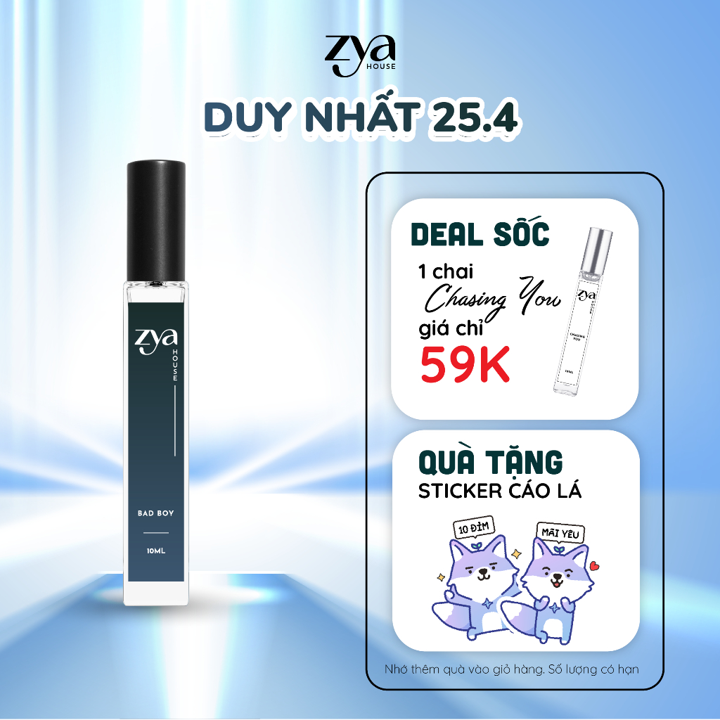 [Mã BMLT35] Nước Hoa Nam Zya Bad Boy Hương Gỗ Đặc Trưng Thể Hiện Sự Lịch Lãm, Lưu Hương 6 Đến 8 Tiếng, Dung Tích 10ml | BigBuy360 - bigbuy360.vn