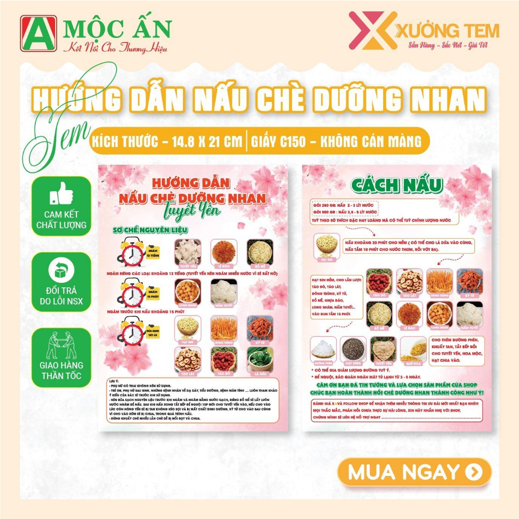 Tờ Rơi, Tem Dán Giấy Hướng Dẫn Nấu Chè Dưỡng Nhan, Chi tiết, Dễ Hiểu, Tông Hồng Xinh Xẵn
