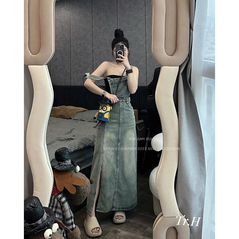 Yếm Jean Váy Dài Xẻ Tà