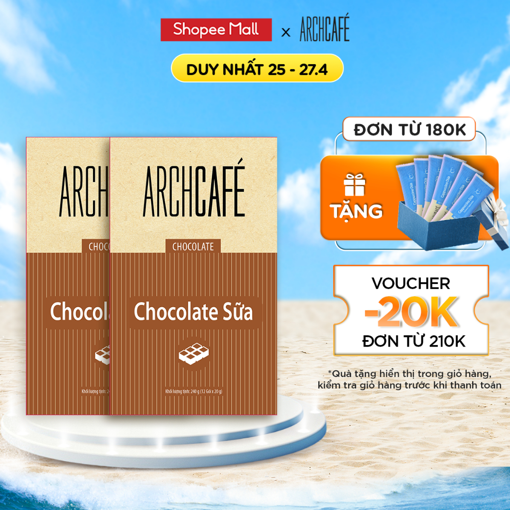 Combo 2 Chocolate Sữa - Choco Cacao hoà tan Archcafé (Sô cô la) (hộp 12 gói x 20g)