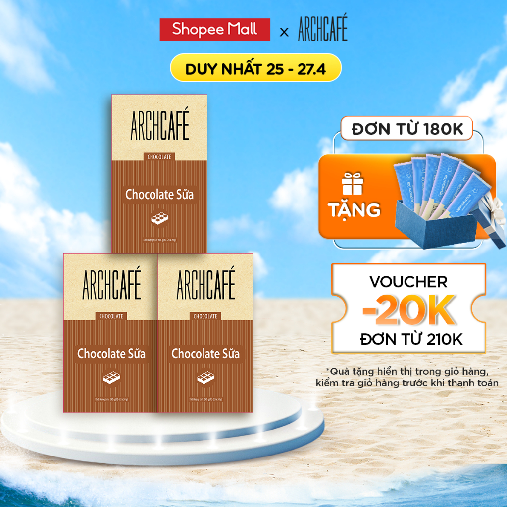 Combo 3 Chocolate Sữa - Choco Cacao hoà tan Archcafé (Sô cô la) (hộp 12 gói x 20g)
