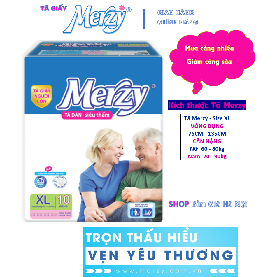 Bỉm người già Merzy XL 10 miếng, Tã người lớn Merzy, Tã già Merzy XL 10 miếng, Tã già mezy mềm mại thấm hút tốt