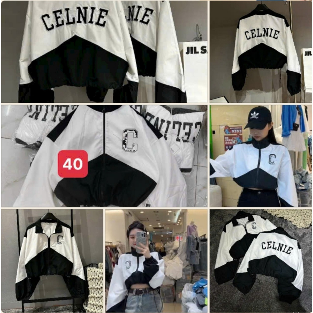 Áo khoác dù Nữ kiểu croptop cánh dơi có dây rút lai logo chữ C phối màu thể thao 777TPcroptop434 434